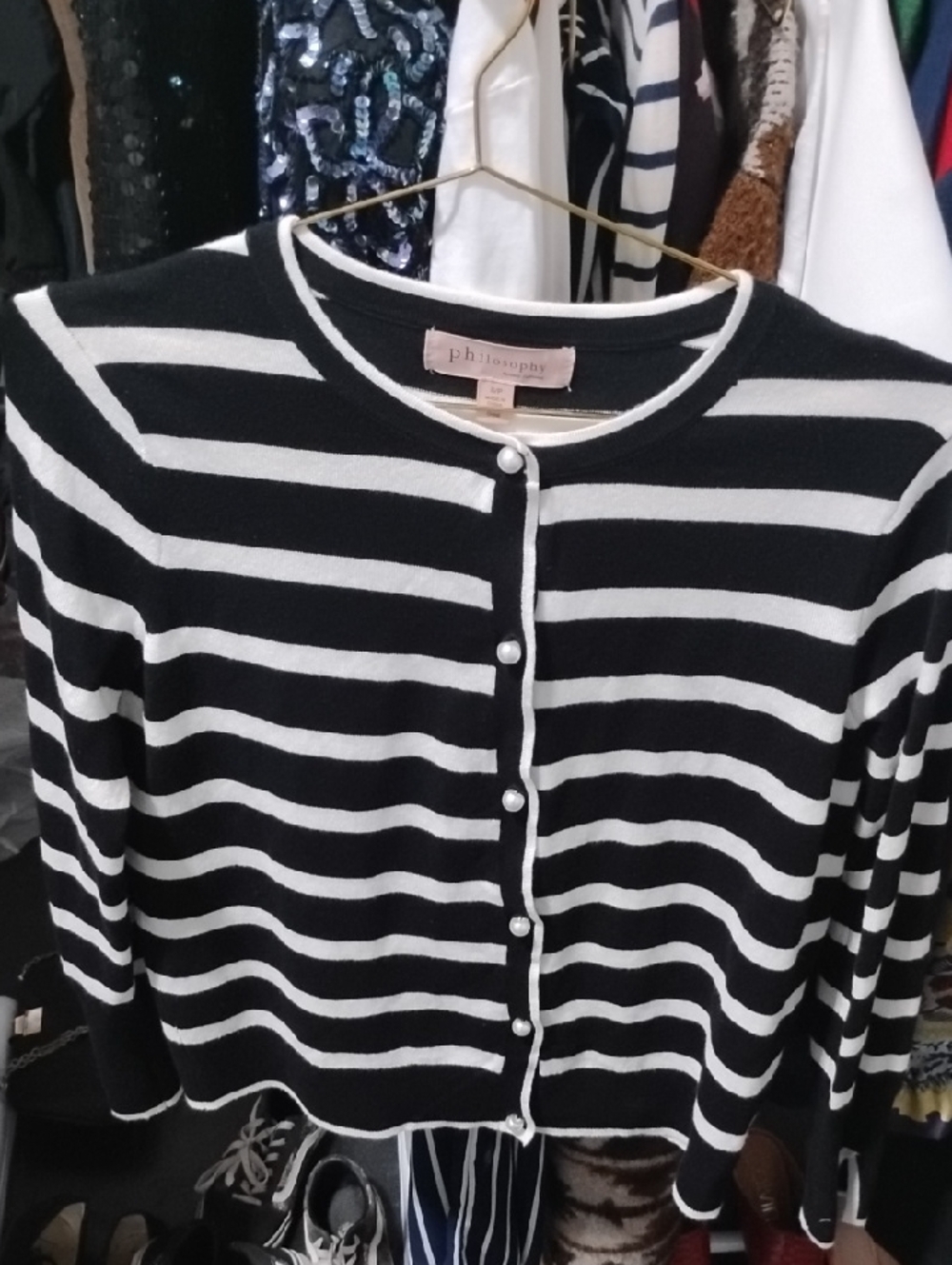 Philosophy Black and White Striped Pearl Button Crewneck Cardigan